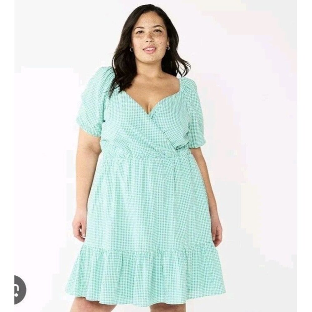 Draper James RSVP Green White Gingham Puff Sleeve Tiered Mini Dress XXL EUC